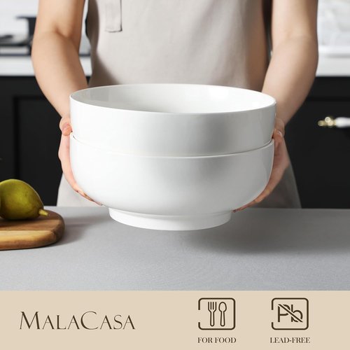 MALACASA Extra Large Serving Bowls Set of 2 - 114 OZ (10") White Porcelain Bowls for Salad, Soup & Pasta