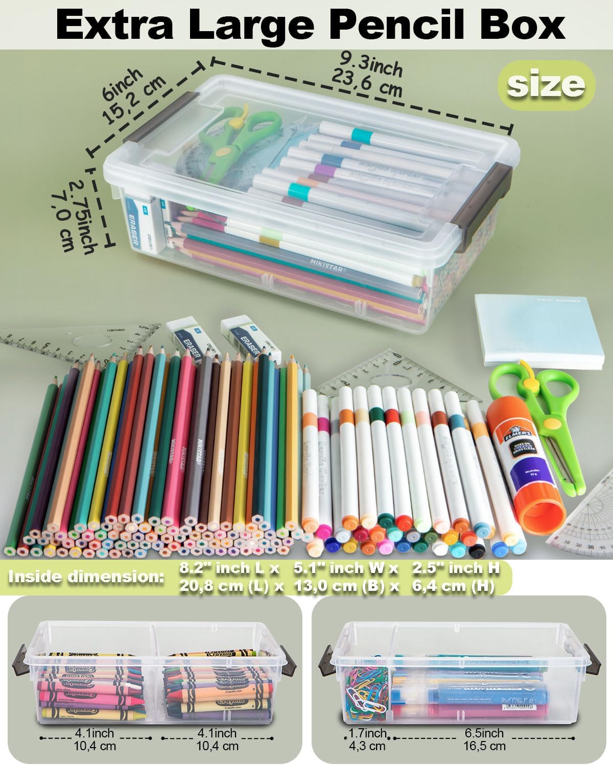 Skiennix Extra Large Pencil Box - Clear Stackable Organizer with Removable Divider | 12 Pack, Grey