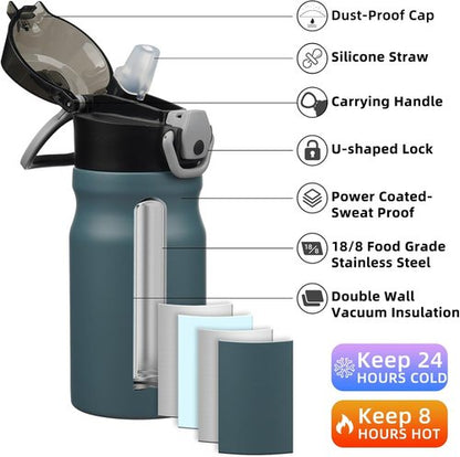 BJPKPK Insulated Water Bottle - 14oz Stainless Steel Flask with Straw & Carry Handle | Dark Grey