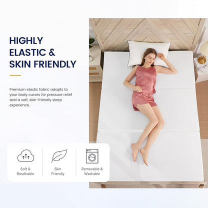 White 6 Inch Tri-Fold Memory Foam Mattress topper - Foldable Guest Bed for Camping