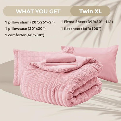 HYMOKEGE Twin XL Comforter Set - Luxury 5-Piece Seersucker Bedding in Pink for All Seasons