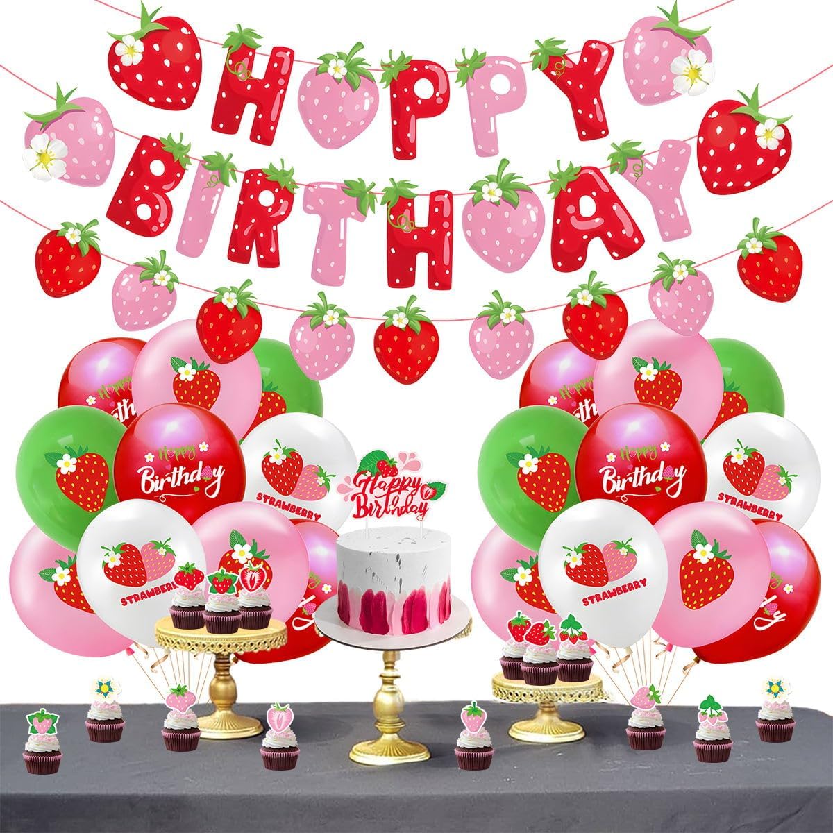 Strawberry Birthday Party Decoration Set - Balloons & Cake Toppers for Girls | Fruit-Themed Supplies