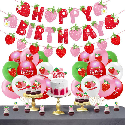 Strawberry Birthday Party Decoration Set - Balloons & Cake Toppers for Girls | Fruit-Themed Supplies