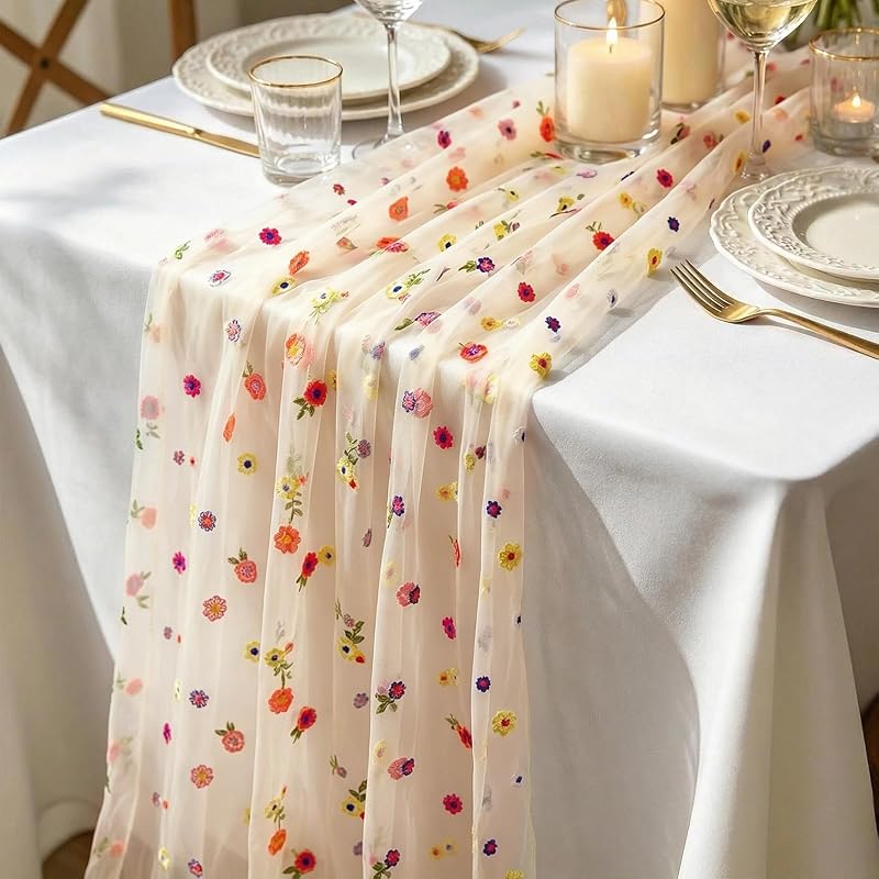 Champagne Floral Embroidered Table Runners 4 Pack 10ft - Boho Daisy Tulle Wedding Décor (Variation: Champagne+Champagne Floral – 4 Pack)