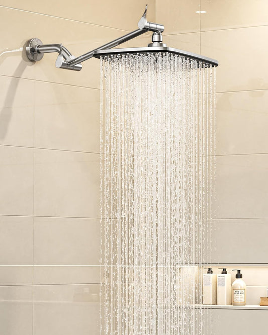 Veken 11.8" Rain Shower Head - Rectangular Stainless Steel Showerhead with Adjustable Arm & High Pressure | Chrome Finish