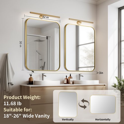CLBA Gold Bathroom Mirror, 22x30 Inch Aluminum Frame Rectangle Mirror, Anti-Rust, Tempered Glass, Wall Mirror for Over Sink, Vanity, Bedroom, Entryway, Horizontal/Vertical