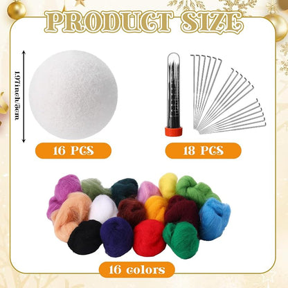 Felted Christmas Ball DIY Kit - 16 Colors, 16 Needles, 16 White Balls for Beginners