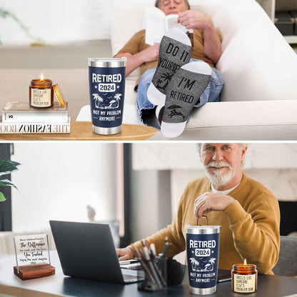 Retirement Gifts for Men 2024, Funny Happy Retirement Party Decoration Gifts for Men, Retired Goodbye Gifts for Coworker Boss Teacher, Men Retirement Tumbler Cup Socks Candle Decoration Sign Gifts Set