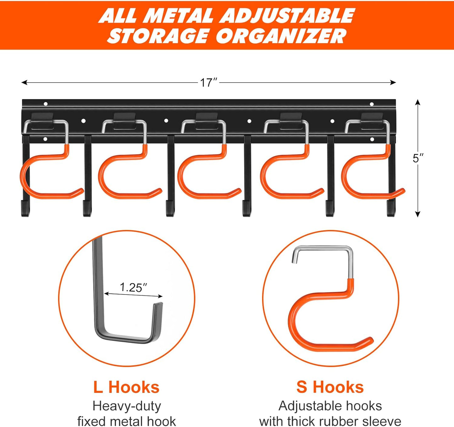 TVKB 68'' Adjustable Metal Garden Tool Organizer - Heavy-Duty Wall Mount Storage with Hooks