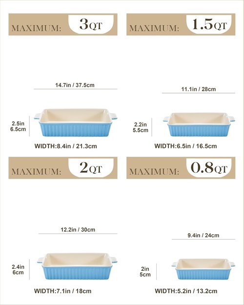 MALACASA Casserole Dishes - Porcelain Bakeware Set of 4 with Handles - Deep Rectangular Lasagna Pans in Blue (9.4"/11.1"/12.2"/14.7")