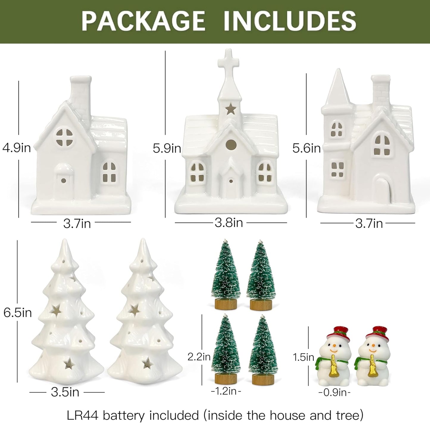 Skiennix Christmas Village Set - 11 Pcs Ceramic Decoration with 3 Lighted Houses & 2 Trees | Festive Tabletop Decor
