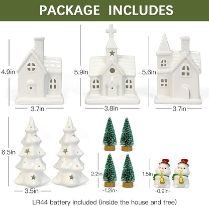 Skiennix Christmas Village Set - 11 Pcs Ceramic Decoration with 3 Lighted Houses & 2 Trees | Festive Tabletop Decor