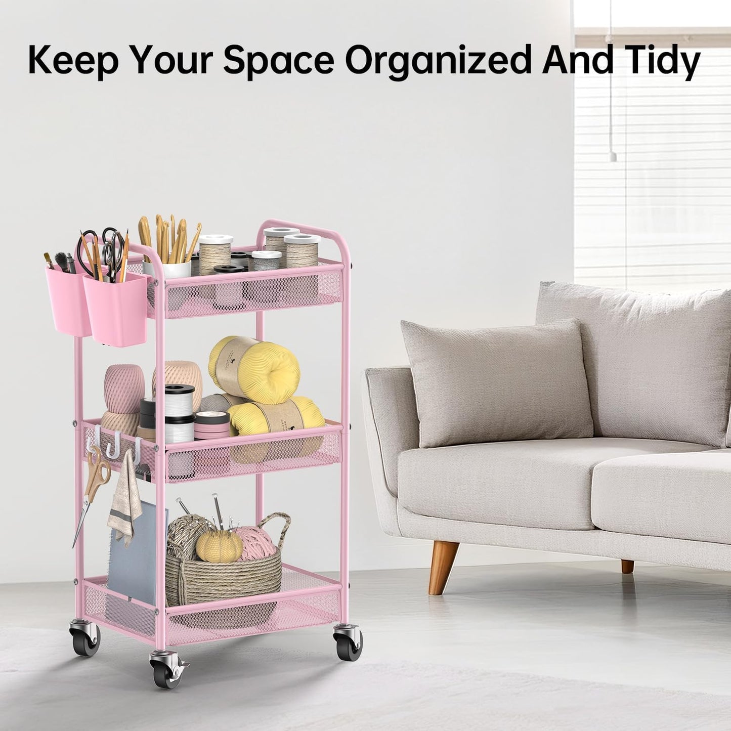 YASONIC 3-Tier Rolling Cart - Metal Utility Storage Cart with Wheels & Hooks | Pink Craft Organizer