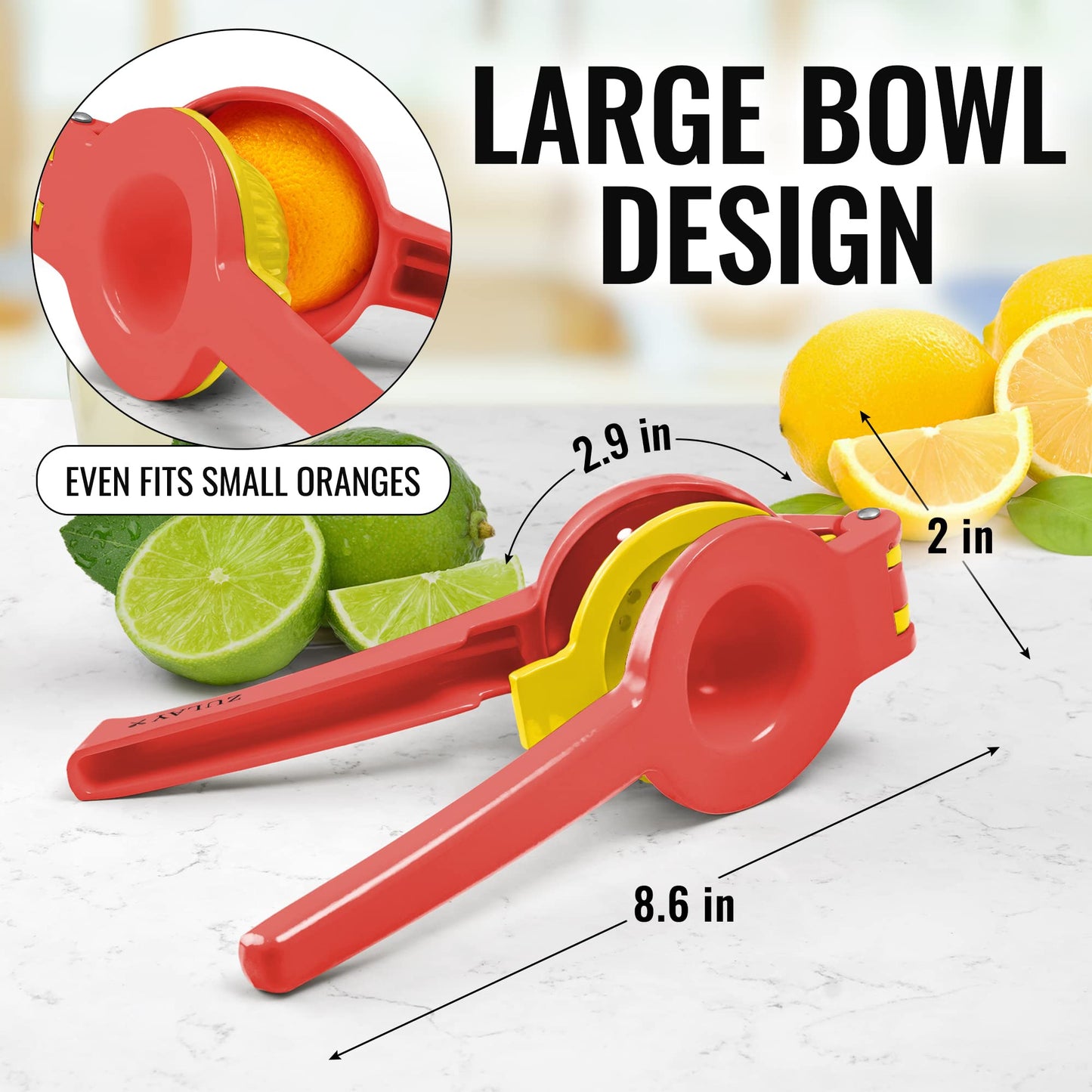 Zulay Metal 2-In-1 Lemon Squeezer Manual - Sturdy, Max Extraction Hand Juicer Lemon Squeezer Gets Every Last Drop - Easy to Clean Manual Citrus Juicer - Easy-to-Use Lemon Juicer Squeezer - Red/Yellow