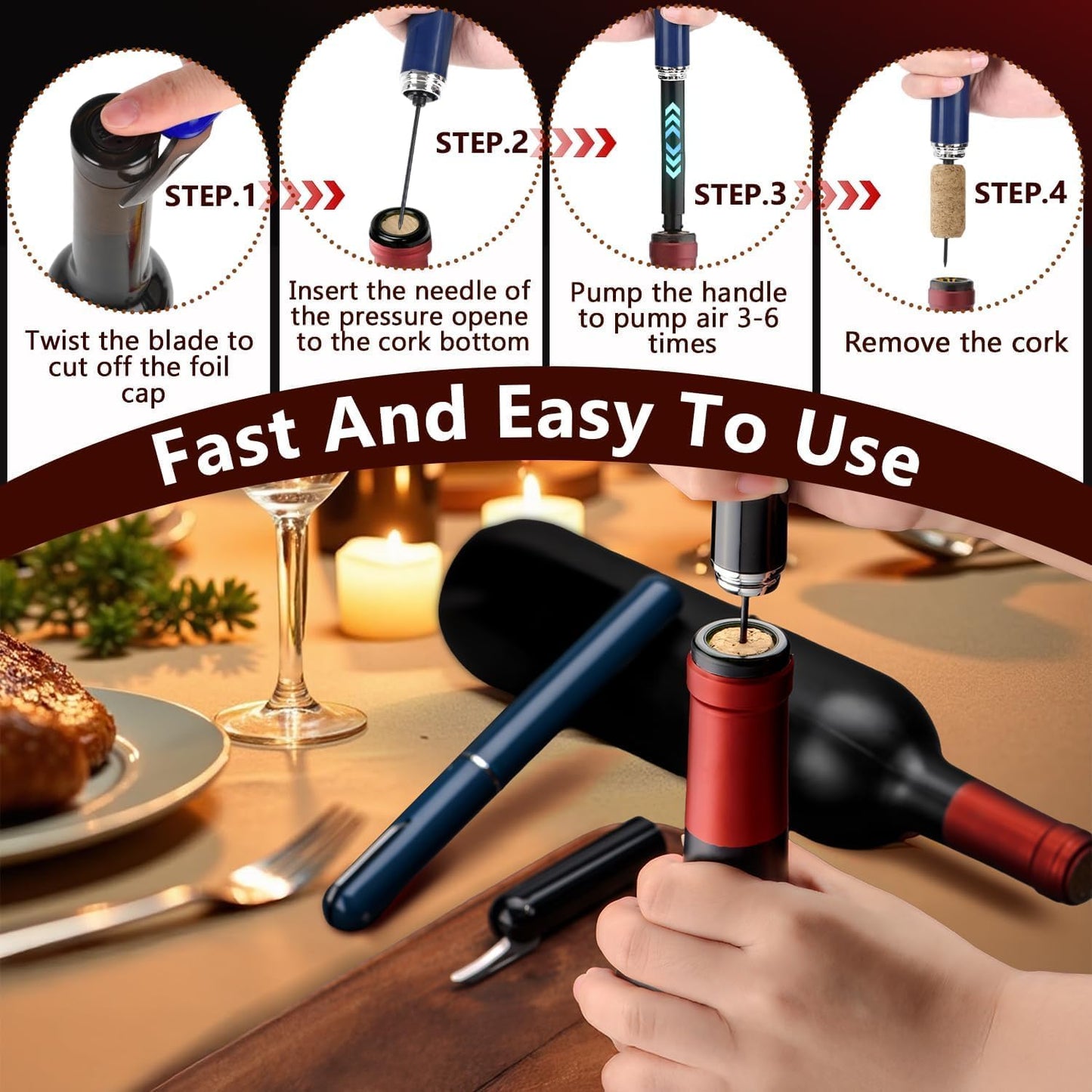 Wine Bottle Opener with Foil Cutter - NUCOKRS Air Pump Aeropop Corkscrew, Pen Style Opens in 3-7 Pumps, Effortless & No Damage to Cork, Compact Gift for Wine Lovers (Blue)