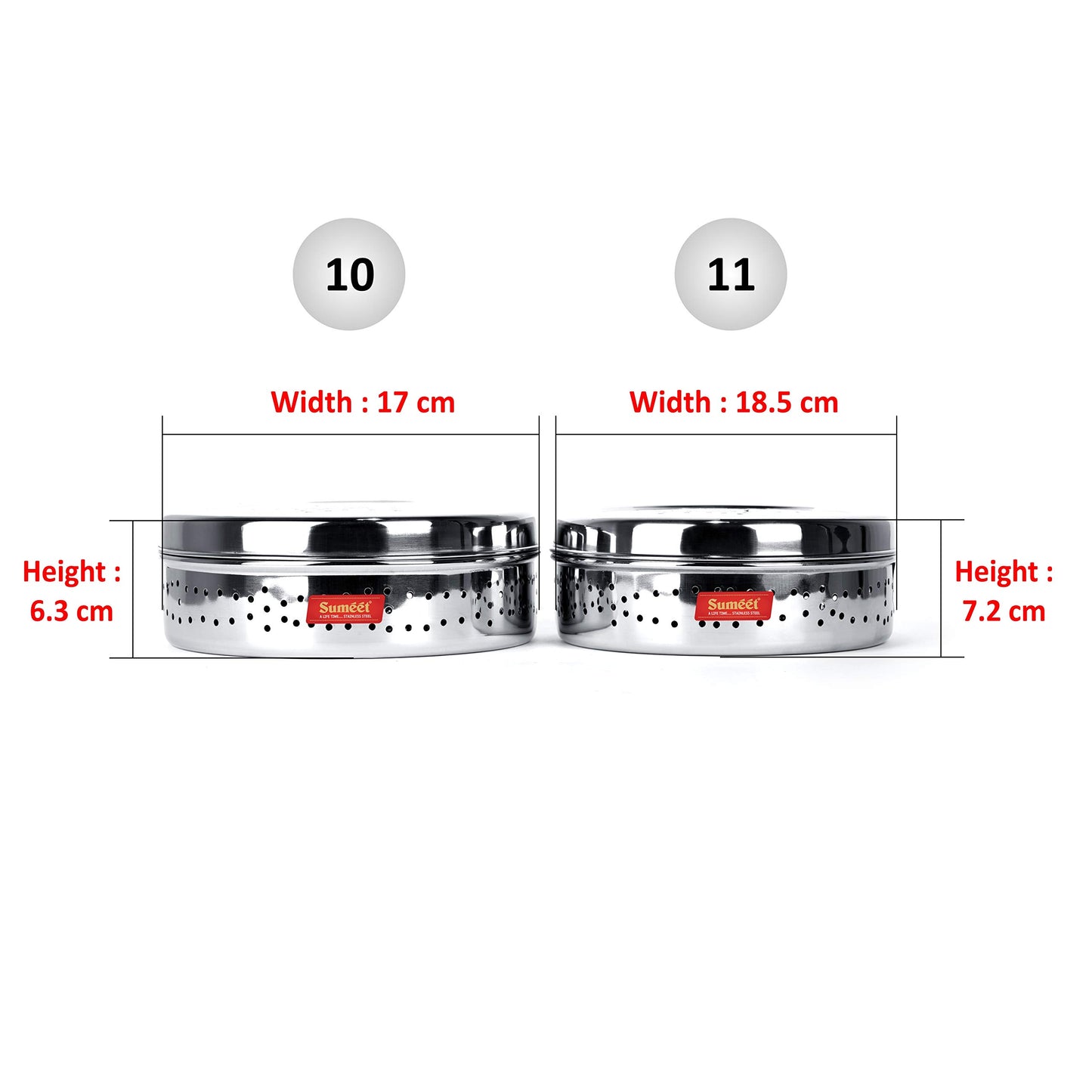Sumeet Stainless Steel Hole Puri Dabbas/Flat Canisters with Air Ventilation Set of 2, Size No.10-17cm Dia, No.11-18.5cm Dia