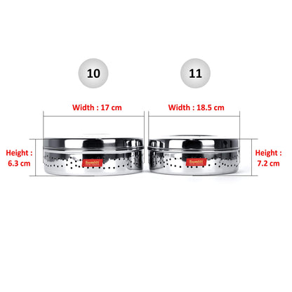 Sumeet Stainless Steel Hole Puri Dabbas/Flat Canisters with Air Ventilation Set of 2, Size No.10-17cm Dia, No.11-18.5cm Dia