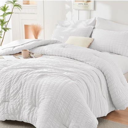 HYMOKEGE White Queen Comforter Set - 7-Piece All-Season Luxury Bedding Set with Sheets & Pillowcases
