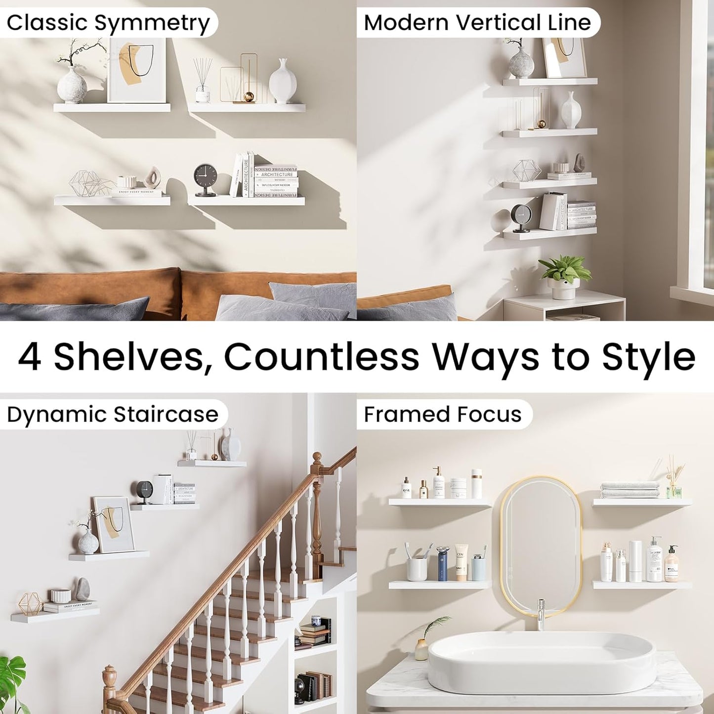 BAYKA Floating Wall Shelves - Rustic Wood Design for Home Decor | 15.7in, Set of 4, 22lbs Capacity (White)