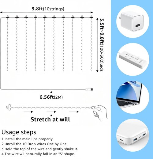 FUYO Fairy String Lights - 300 LED Waterproof Bedroom Decor with 8 Lighting Modes | White