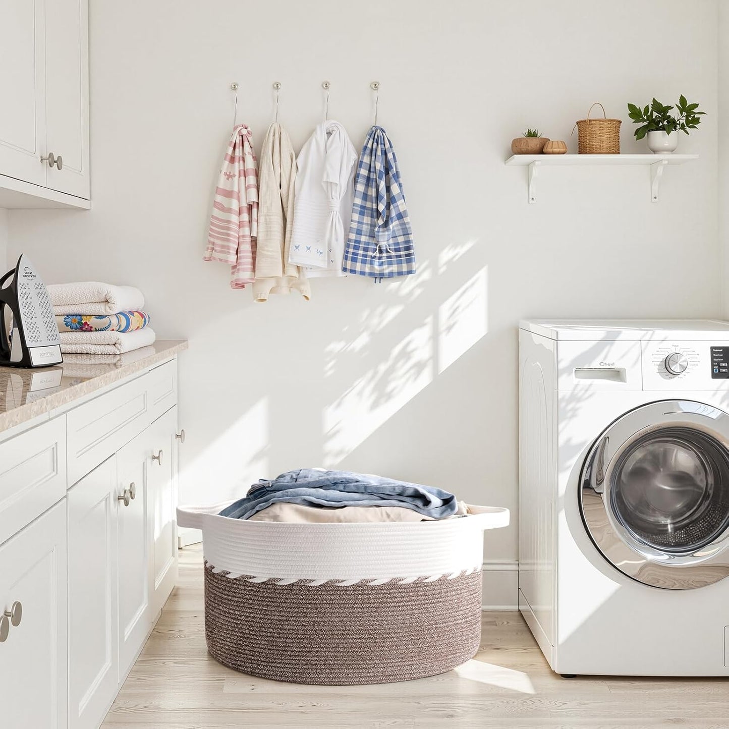 OIAHOMY 90L Blanket Basket - Large 23" x 23" x 13" Storage Solution for Blankets, Toys & Laundry - Brown & White