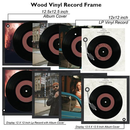 JCJMY Wood Vinyl Record Frame for the Wall, Display 12.5x12.5 Album Cover and 12x12 LP Vinyl Record with Cover, Album Frames, Sturdy 12.5x12.5 Frame Black, 2 Packs
