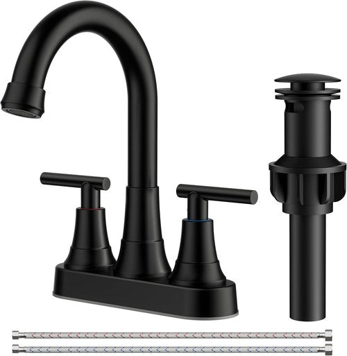 FORIOUS Matte Black Bathroom Faucet - 4-Inch Centerset Design with Pop-Up Drain & 360° Spout