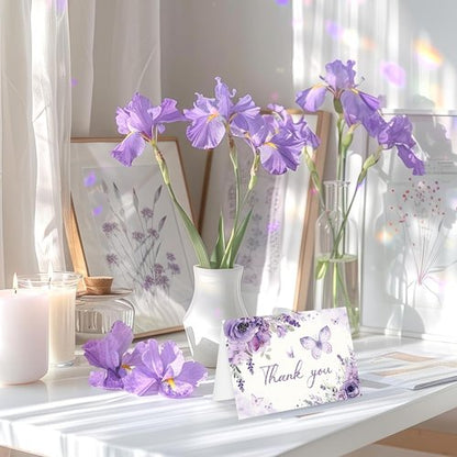 FYSUIMU Thank You Cards - 30 Pack Spring Floral Design with Lavender Butterflies | 4 x 6 Inch