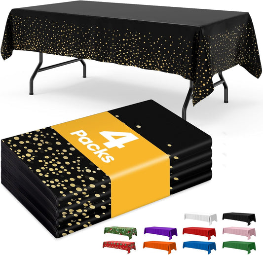 Niuara Black and Gold Plastic Tablecloth - 4 Pack 54" x 108" Disposable Covers for Parties & Gatherings