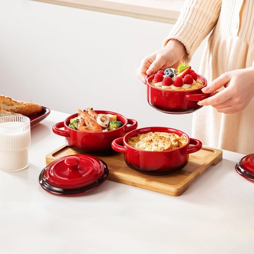 LOVECASA Mini Cocotte Set - 12 OZ Casserole Dishes with Lids | Oven & Microwave Safe, Set of 4 - Red