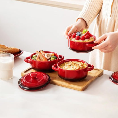 LOVECASA Mini Cocotte Set - 12 OZ Casserole Dishes with Lids | Oven & Microwave Safe, Set of 4 - Red