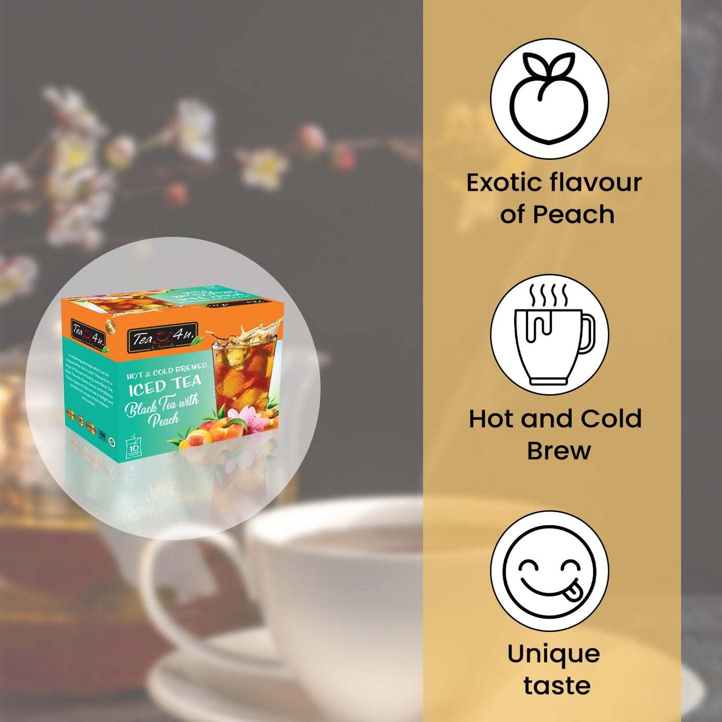 Tea4U Peach Iced TeaBags - Ideal Quality Cold and Hot Brew from Sri Lanka's Finest Leaves and Expertly Blended - Each Tea Bag Produces Half-Gallon Iced Tea - Convenient Packaging - 10 Count