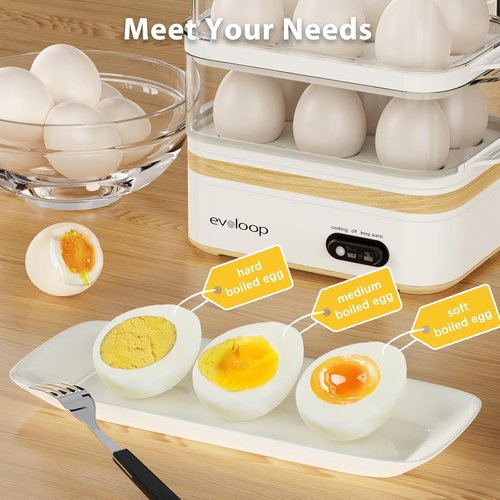 Evoloop Electric Egg Cooker - Rapid 12-Egg Capacity for Soft, Medium, Hard Boiled & Poached Eggs | BPA-Free White Tray