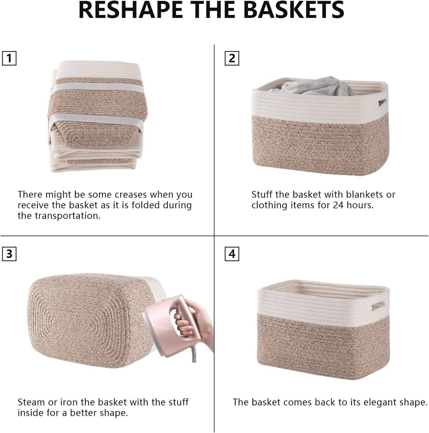 Storage Baskets 4 Pack by [Brand Name] - Durable Woven Organizers for Toys, Books, Towels | 12.7''L x 9''W x 7.8''H, Brown & White