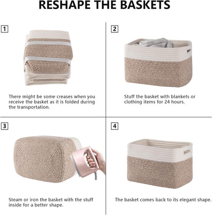 Storage Baskets 4 Pack by [Brand Name] - Durable Woven Organizers for Toys, Books, Towels | 12.7''L x 9''W x 7.8''H, Brown & White