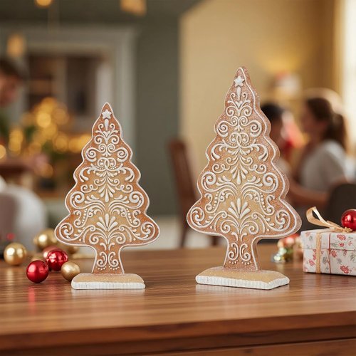 Braxio Gingerbread Christmas Tree Figurines - Festive Tabletop Decoration with Sequins | 5.5x2.25x10 Inch
