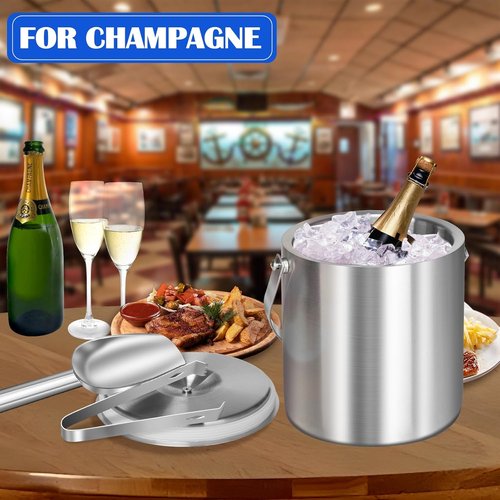 Ice Bucket with Lid & Tong- Well Made Insulated Stainless Steel Keep Ice Frozen Longer - Ideal for Cocktail Bar, Parties, Chilling Wine, Champagne - 2 Liter (Stainless Steel)