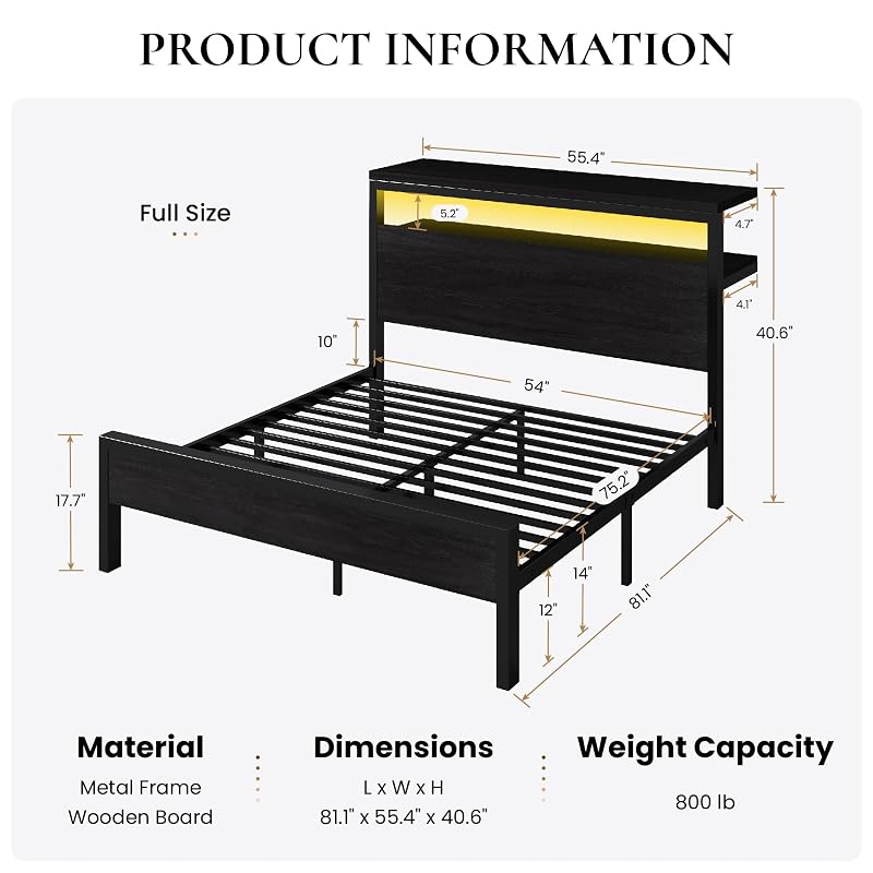 SHA CERLIN Full Bed Frame with 2-Tier LED Headboard & USB-C Charging, Black Oak