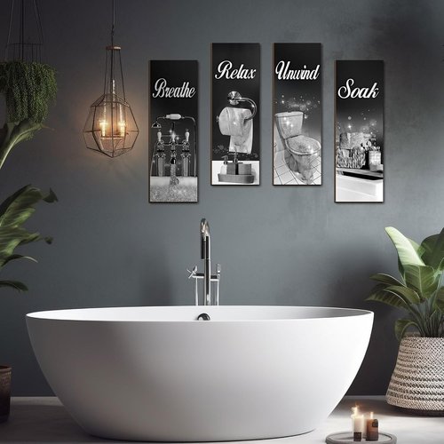 Honoson Bathroom Decor Wall Art - 4 Pcs Farmhouse Signs for Soaking, Unwinding, and Relaxing | Black & Silver