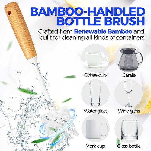 Holikme Dish Brush Set - 6 Pack with Long Handle, Bottle Brush & Palm Scrub for Easy Cleaning | White