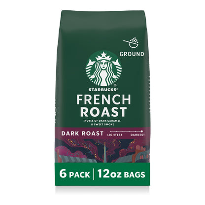 Starbucks Ground Coffee, Dark Roast Hot or Iced Coffee, French Roast, Six 12 oz Bags