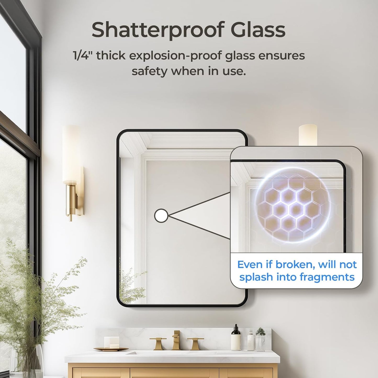 USHOWER Black Bathroom Mirror - 22 x 30 Inch Matte Rectangle Mirror with Rounded Metal Frame