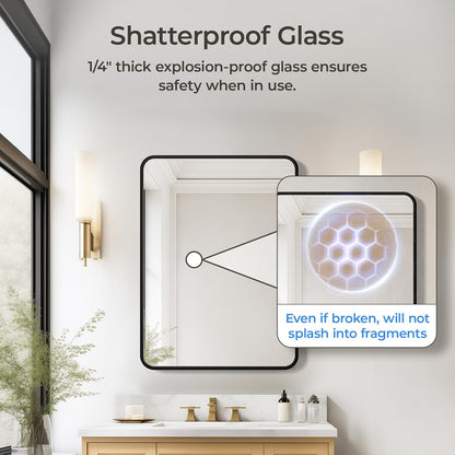USHOWER Black Bathroom Mirror - 22 x 30 Inch Matte Rectangle Mirror with Rounded Metal Frame