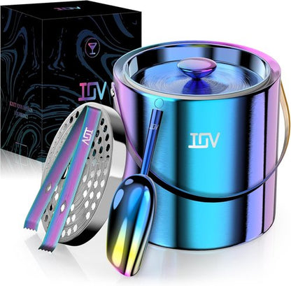 IOV Ice Bucket with Lid, Scoop, Tongs, and Strainer, 3 L Stainless Steel Double Wall Insulated Ice Bucket for Parties, Keeps Ice Frozen Longer, Ideal for Cocktail Bars, Freezers, and Wine - Rainbow