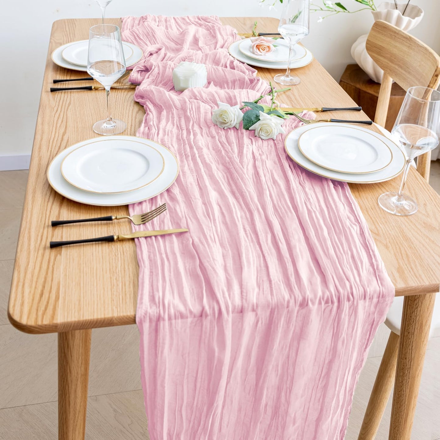Wokceer Pink Cheesecloth Table Runner - 10FT Blushing Pink Boho Style for Weddings & Parties