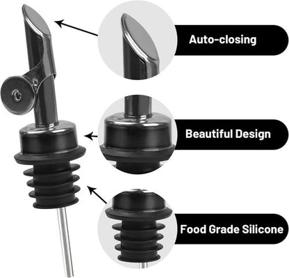 Liquor Pour Spout for Bottles, Hygienic Quick Bottle Pourer with 2 Adapters for Large Neck Bottles, Auto-Open/Close, for Alcohol, Olive Oil, Juices and Syrups, Black, 2 Pack