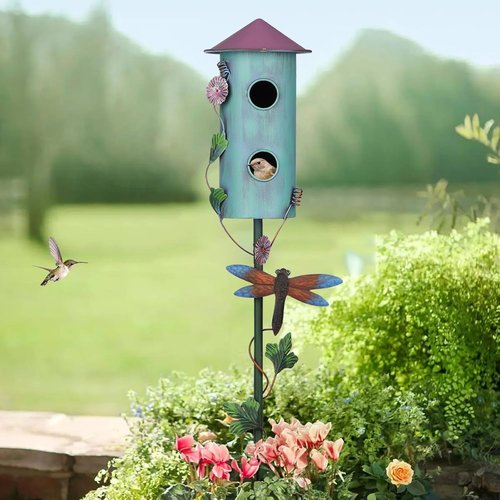BAYN 57” Metal Birdhouse Stake - Double-Hole Wild Bird Feeder with Cylinders Design for Outdoor Decor