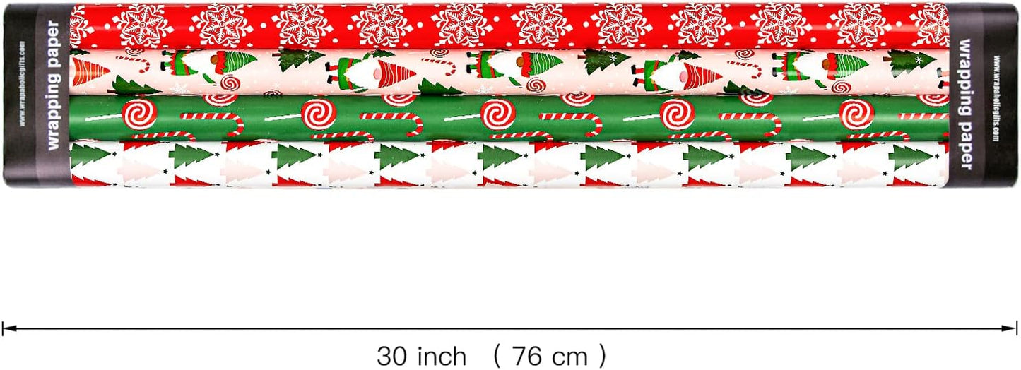 Wrapaholic Christmas Wrapping Paper Roll - Jumbo 30 Inch Gnome Elf Holiday Design | 4 Rolls, 120 Inch Each
