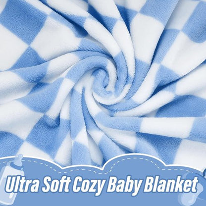 GreatBba Plush Checkered Baby Blanket - Warm Chenille Fleece for Infants | 30" x 40" - Blue & White