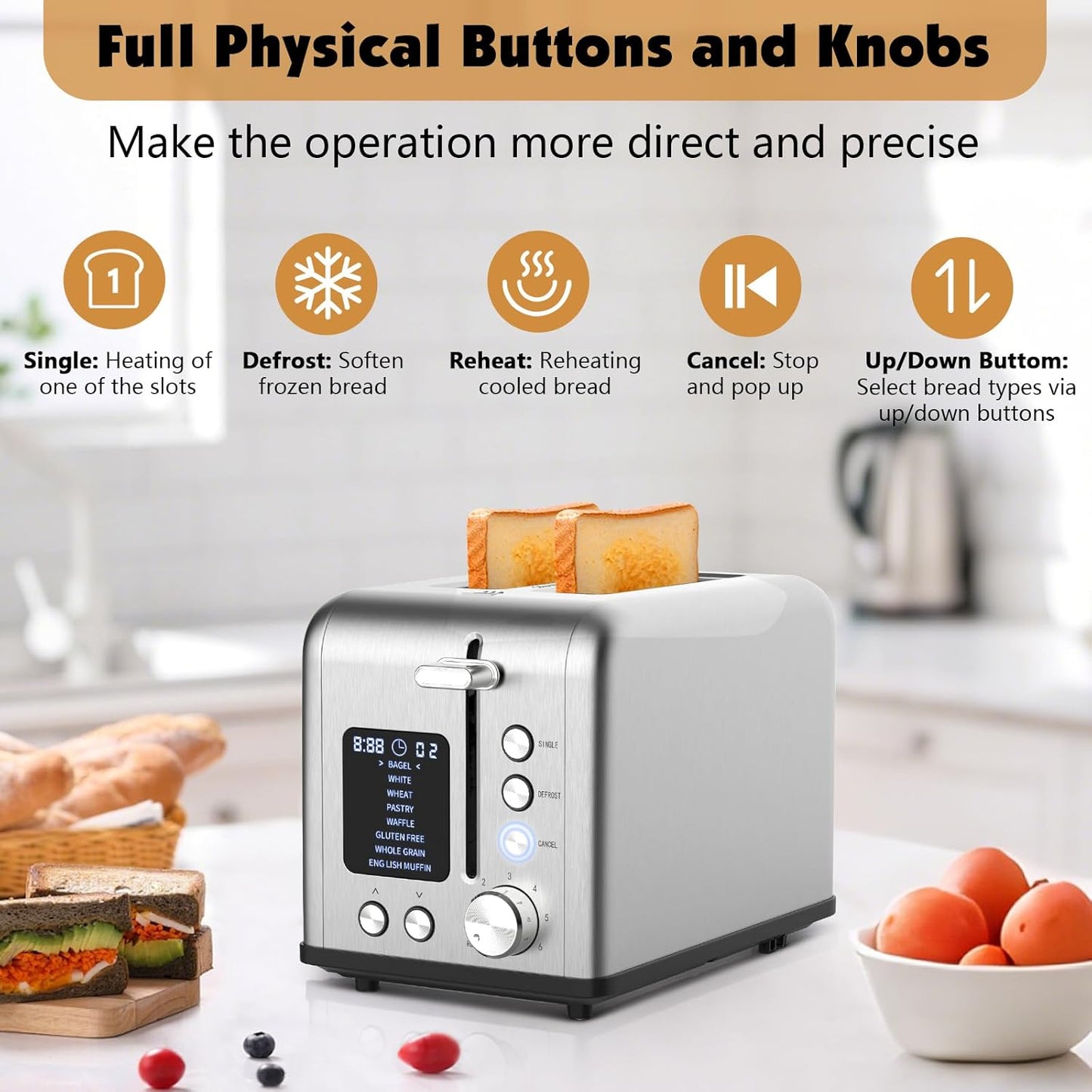 Skiennix 2-Slice Bagel Toaster - Stainless Steel with LED Timer & 6 Browning Levels, 825W